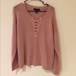 F21 lace up pink sweater